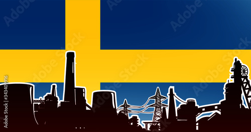 Industrial illustration for Sweden vector illustration, manufacturing concept colored red with nuclear power plant, factory and mine on flag background in colors blue, yellow