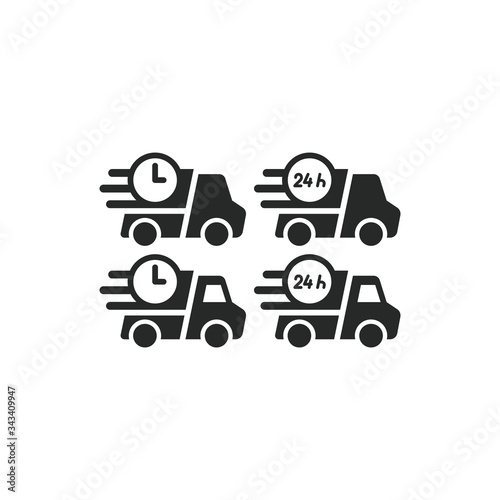 Twenty four hours delivery truck with a clock black isolated vector icon. 24 fast service.