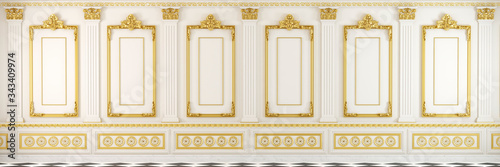 White classic wall with golden mouldings and marble floor showing an elegant and luxury empty interior room in landscape format for backgrounds.