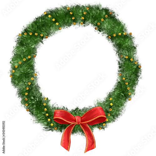 Traditional christmas pine tree wreath with red ribbon. Isolated on white