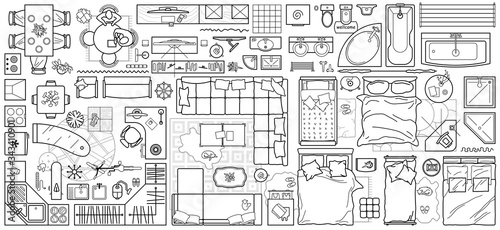 Floor plan icon set in top view for interior design. Architecture plan with furniture View from above. The layout of the apartment, kitchen, living room and bedroom. Vector 