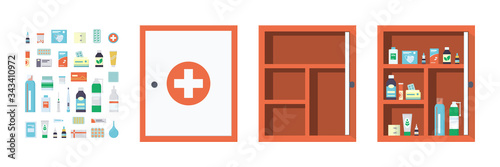 Medicine chest full of drugs, tablets and bottles. Empty metal open and closed medical cabinet. Medications for the first aid kit. Isolated vector illustration in flat style on white background