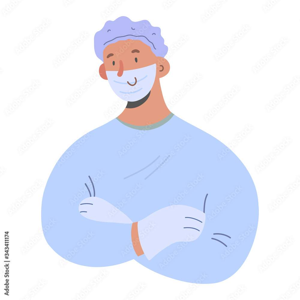 Doctor in protective suit, wearing medical face mask and gloves, protection against covid infection, kind therapist, cute cartoon character, professional medical staff in uniform