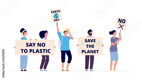 Save the planet. Earth day, environmental activists with placards. Ecological demonstration, global climate change. Green people message vector illustration. Environment eco and planet protection