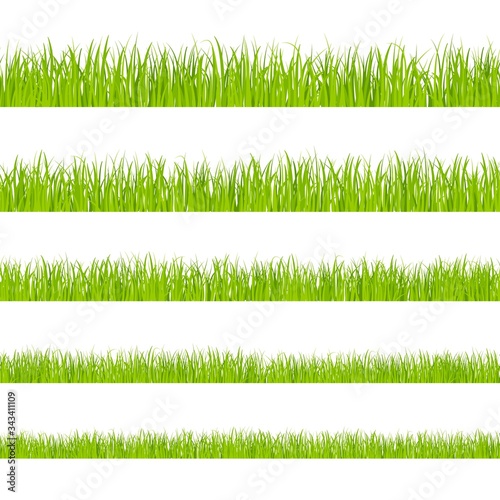 Green grass. Landscaped lawns, meadows border clipart. Isolated organic pasture or garden objects shapes. Lush herb vector seamless pattern. Grass herb lawn, meadow green seamless illustration
