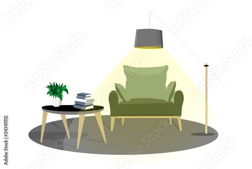 INTERIOR SCENE. CHAIR AND TORCHER. BOOKS ARE LAYING ON THE MAGAZINE TABLE. COZY ATMOSPHERE. VECTOR ILLUSTRATION OF THE HOUSE..