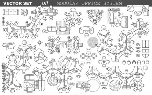 Set of modular office desks  interior layout of the cabinet. Floor plan  top view  collection of sofas  working tables  chairs  office furniture thin line icons for planning design project. Vector