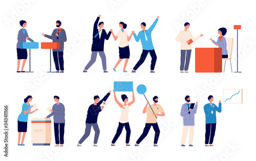 Election characters. Political candidate, vote places. Woman vs man, discussion of politicians. Cartoon debate, electoral process vector set. Campaign man political, voting and polling illustration
