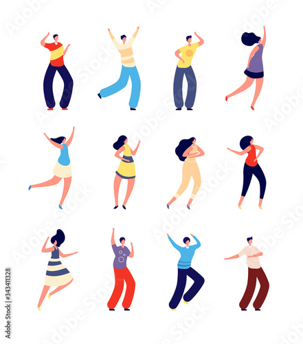 Dancing people. Joyful couples dance. Woman man on festive party festival or rave. Isolated girl boy dancers. Crowd clubbing guys vector set. Girl and man in club dancing illustration