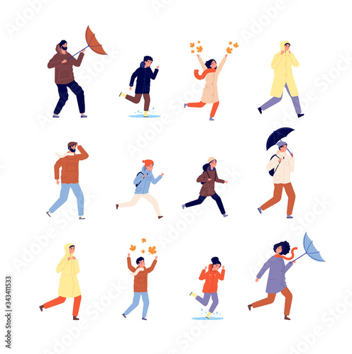 People in autumn. Happy active woman, outdoor pleasure. Kids jumping, fall leaves and rainy weather. Man with umbrella vector illustration. Colored people with umbrella, girl and man walk