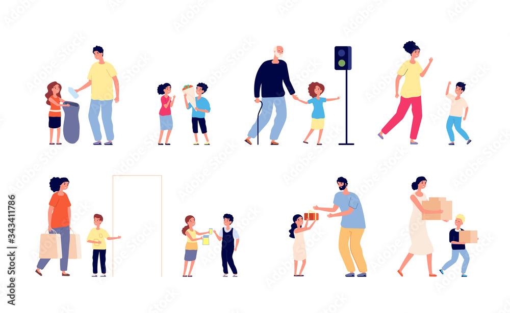 Good manners. Children help person. Good habits, friendly kids and adults. Polite etiquette, kid hold door for woman vector illustration. Child polite and courteous, people etiquette