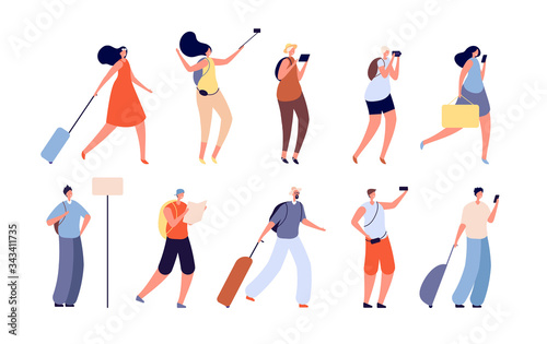 Tourist people. Traveler characters, adult travelling with bags. Isolated youngs man, woman with camera and suitcase or luggage vector set. Illustration people with luggage, traveler with suitcase photo