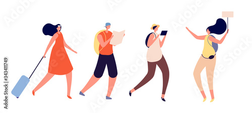 Tourists walking. Travel vacation, person trip luggage. International tour, travelers group explore world. Guided tour vector illustration. Tourist trip with luggage follow for lead