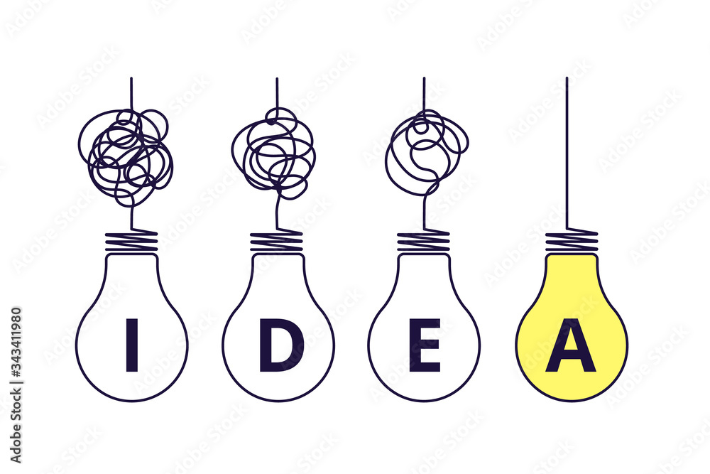 Light bulbs idea concept. Simplify complexity, graphic of problem solution. Creative thinking process. Tangled simple way vector concept. Light bulb idea, creative lightbulb innovation illustration