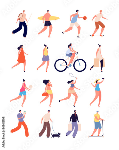Summer people. Happy female, fun walking person. Isolated street sport, bikes and pet lover, skateboarder. Outdoor activities vector set. Sport outdoor woman, activity human characters illustration