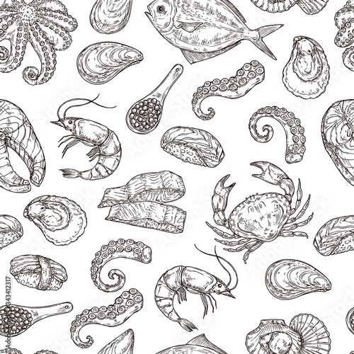 Seafood pattern. Hand drawn ink sea life. Sketch japanese food, engraving vintage ocean ingredients. Salmon fish squid vector background. Seafood restaurant, mollusk and drawn fish illustration