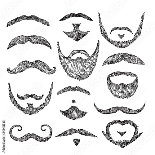 Sketch mustache. Drawing facial hair. Isolated patch mustaches, retro mouth beard. Abstract male hipster hand drawn mask vector illustration. Mustache and bearded, facial hair, hipster mask gentleman