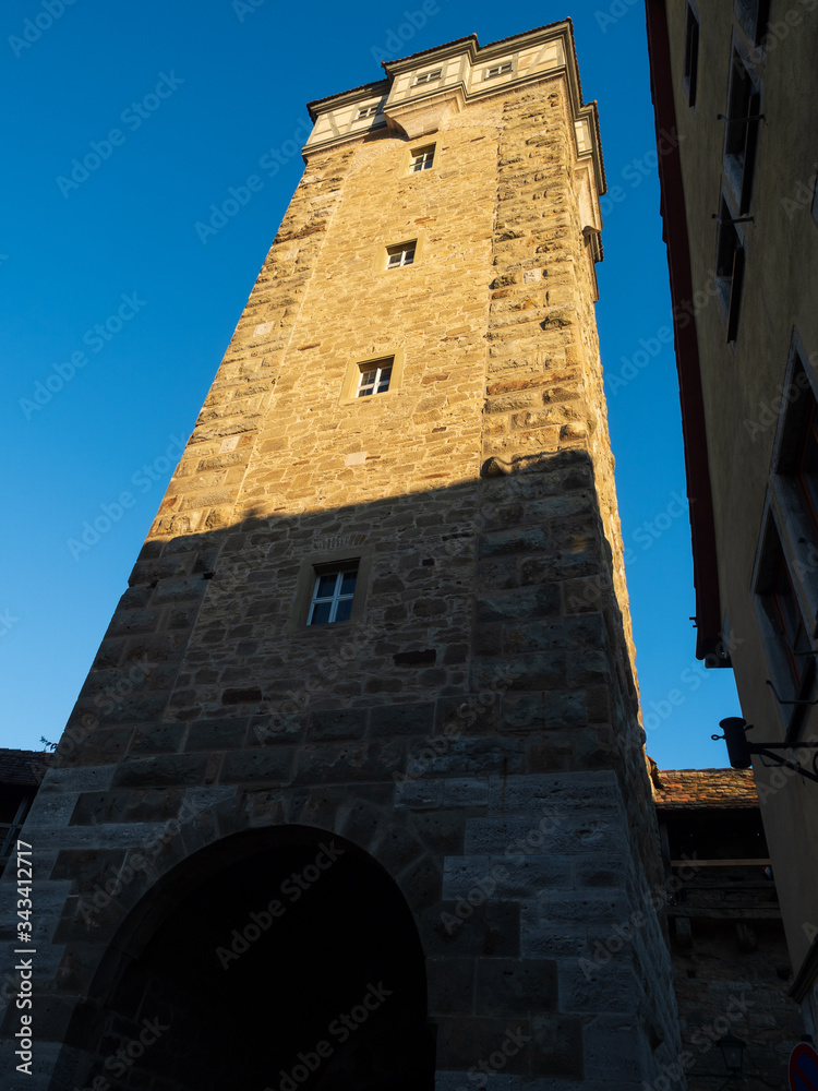 Rothenburg ob der Tauber, Germany - Feb 16th, 2019:  Tradditional tower at  city wall of Rothenburg ob der Tauber, Germany