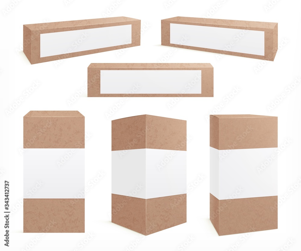 Craft carton boxes. Standing brown pack. Cookie box, paper packaging design. Realistic isolated cardboard package with label vector mockup. Carton realistic pack, packaging box paper illustration Craft carton boxes. Standing brown pack. Cookie box, paper packaging design. Realistic isolated cardboard package with label vector mockup. Carton realistic pack, packaging box paper illustration