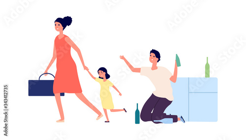 Alcoholism addiction. Drunk man, angry woman and sad girl. Wife with daughter leave husband. Divorce, quarrel in family vector illustration. Man addiction, woman with kid leave husband