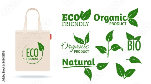 Eco friendly shopping bag. Realistic textile pack mockup for organic shop. Natural products labels leaves icons. Personal package design creator vector. Natural package ecology friendly illustration