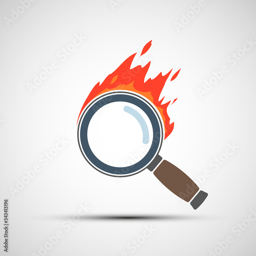 Magnifier or loupe burns with flame. Search logo.