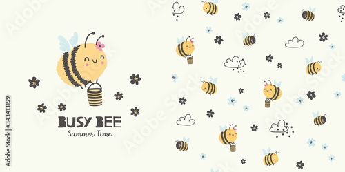 Busy bee. Summer time. Cartoon seamless pattern and surface design