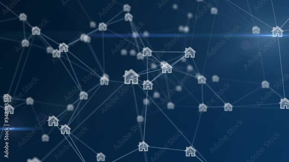 Plexus silhouettes of houses connected to big network and rotate on a blue background. Concept of technology, communication or social media. Plexus silhouettes of houses connected to big network and rotate on a blue background. Concept of technology, communication or social media.