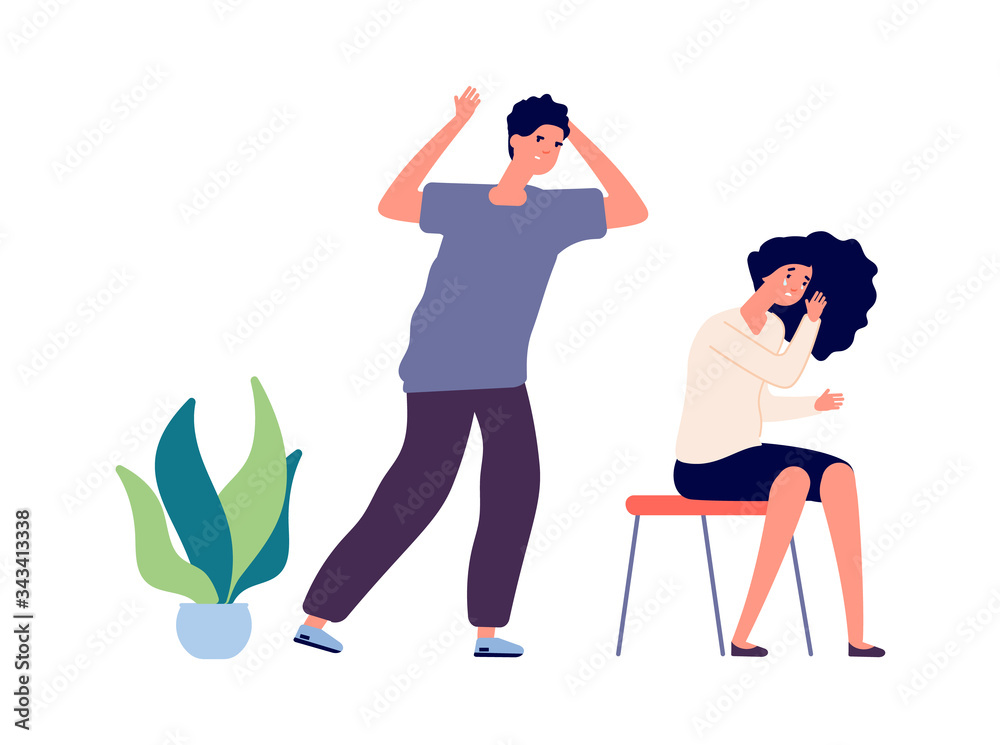 Family quarrel. Brother yells at sister, girl crying. Young couple, aggressive behavior or violence. Stress and fatigue, guy angry at woman vector illustration. Couple conflict, problem relationship Family quarrel. Brother yells at sister, girl crying. Young couple, aggressive behavior or violence. Stress and fatigue, guy angry at woman vector illustration. Couple conflict, problem relationship