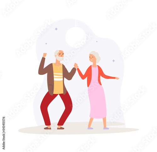 Grandparents dancing. Happy elderly couple party. Man woman dance on disco, fun active time. Old people relax vector illustration. Elderly couple party, dance music retirement