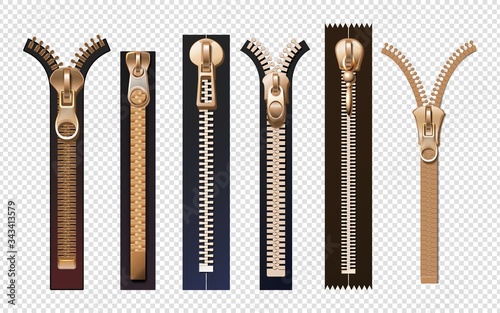Golden zippers. Metal and plastic fasteners with pulls. Isolated reallistic garment components and handbag accessories vector set. Lock zip, metal zipper, golden clasp illustration photo