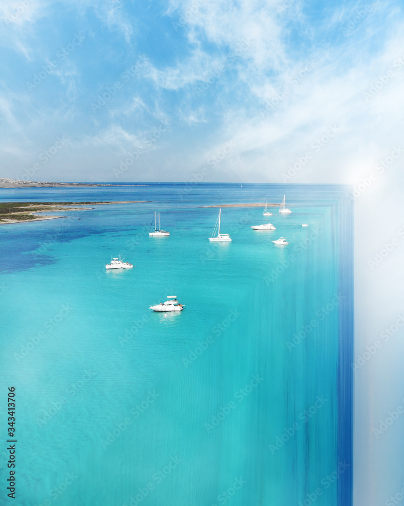 Surreal imaginary vision of a large sea waterfall in Stintino, Sardinia, Isola Piana, bird eye view. Amazing turquoise sea and boats