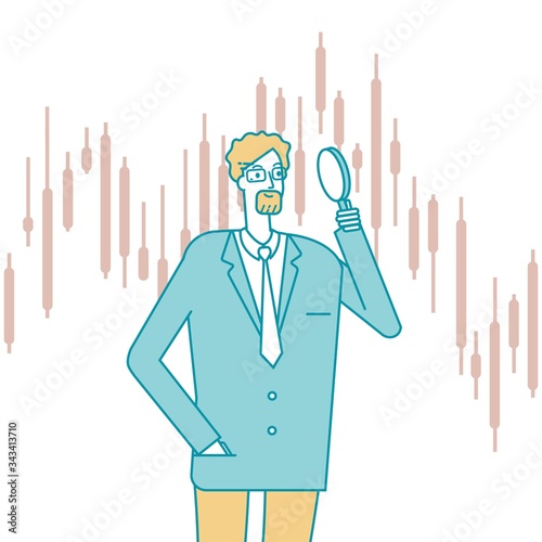 Investment searching. Financial performance, business success. Stock broker or accountant, bank manager with magnifier. Greate finance opportunity vector concept. Financial exchange graph illustration
