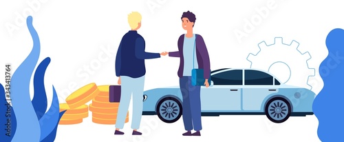 Man buying car. Contract of sale, business agreement. Good deal, men handshake vector concept. Business car contract, buy agreement and insurance illustration