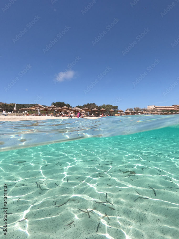 Amazing blue sea with white sand underwater in Sardinia, Alghero, panorama background, ripple water surface with copy space