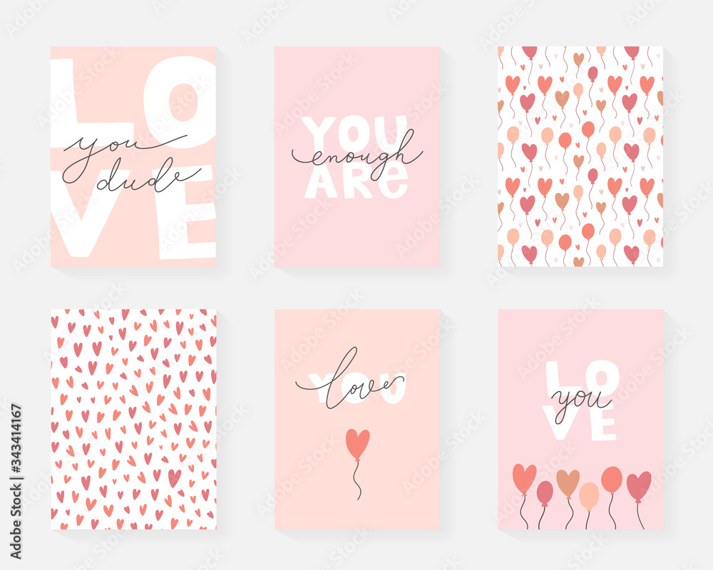 Love card collection with lettering and simple abstract drawng, modern fun motivational cards, love you dude, you are enough romantic quotes, hand drawn minimal illustrations, modern line art