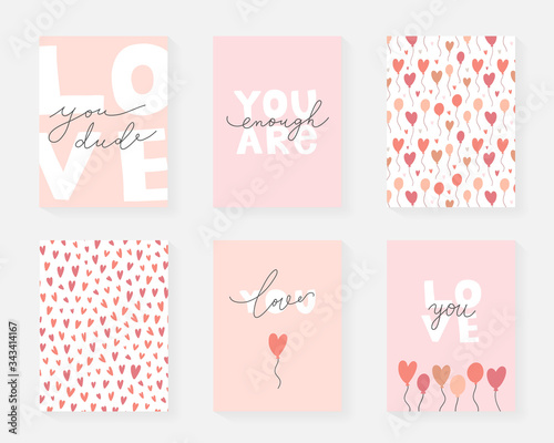 Love card collection with lettering and simple abstract drawng, modern fun motivational cards, love you dude, you are enough romantic quotes, hand drawn minimal illustrations, modern line art