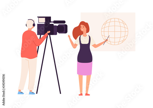 TV presenter. Live news, journalist camera crew. Video blog or live stream, woman talk about world. Broadcasting show vector illustration. Tv television, live news presenter, reporter interview