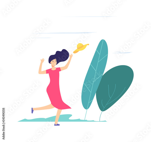 Wind day. Girl walking, catching up fly away hat. Lady with hat on windy weather vector illustration. Woman run and walk to hat