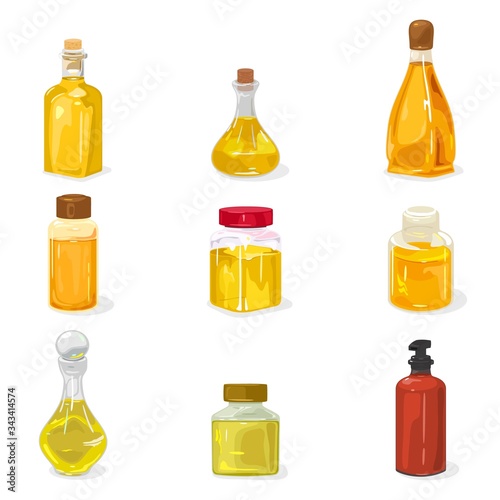 Big set glass bottles, vials, jars closed by cap, cork with perfume, cologne water, oil, liquid natural remedy for treatment, massage, cosmetic procedures, cooking. Vector mockup, template on white.