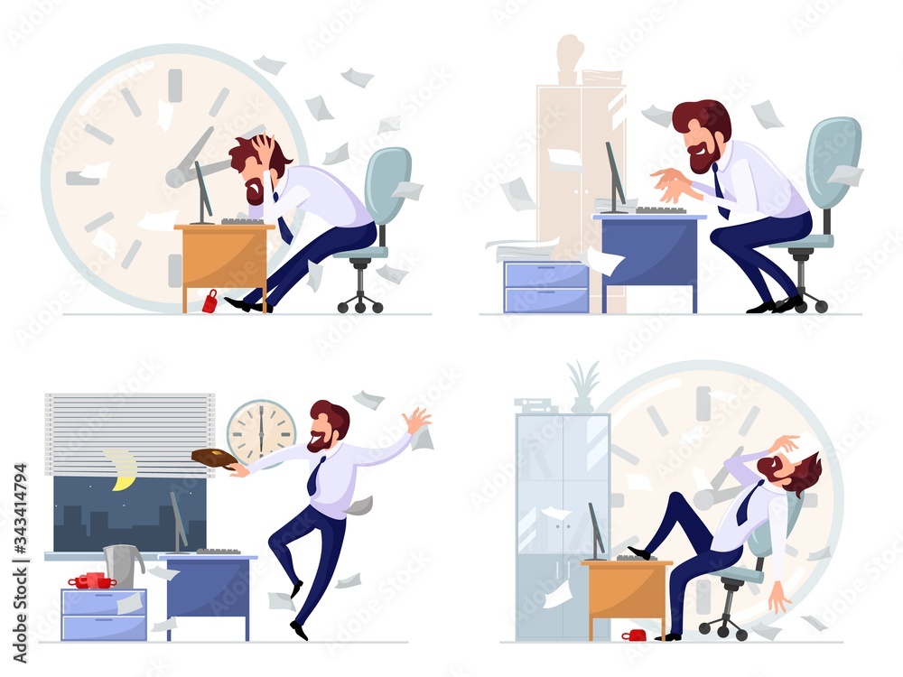 Big vector set with highlights of working life of bearded manager, office worker, businessman deadline, stress, laziness, conflict, crisis, inspiration, success, victory, achieving goals. Big vector set with highlights of working life of bearded manager, office worker, businessman deadline, stress, laziness, conflict, crisis, inspiration, success, victory, achieving goals.