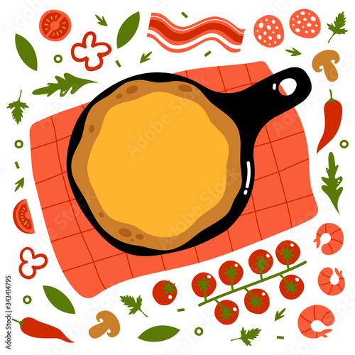 Pizza vector illustration. Create your own pizza. Pizza base and ingredients. Flat design.