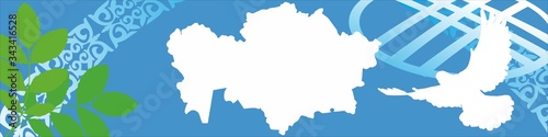 Map of Kazakhstan with a dove and national patterns on a blue background. The finished image for the day of unity of the peoples of Kazakhstan. 