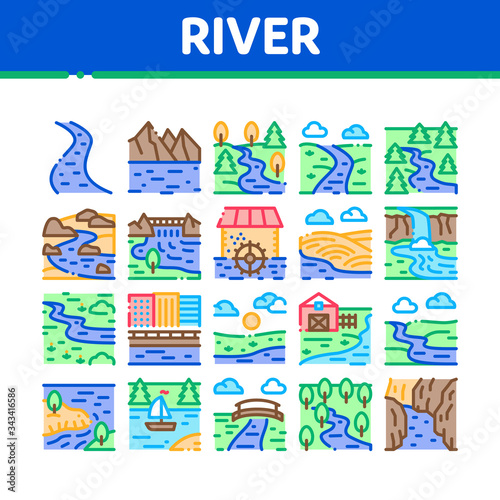 River Landscape Collection Icons Set Vector. River With Mountain And Forest, Bridge And City Buildings, Water Mill And Field Concept Linear Pictograms. Color Illustrations
