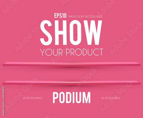 Podium. Scene, pedestal and 3D platform with light. Advertising, award and win design. Show and sale background. Realistic presentation mockup. Pink and gold shelf.