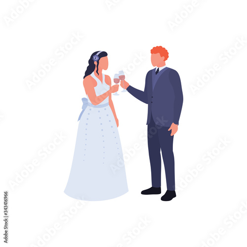 Bride and groom hold glasses with alcohol. Couple celebrating marriage, isolated on white background. Cute people characters in wedding dresses. Wife and husband celebrate. Flat vector illustration
