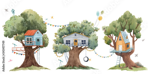 Foto Beautiful set with three cute watercolor children tree houses