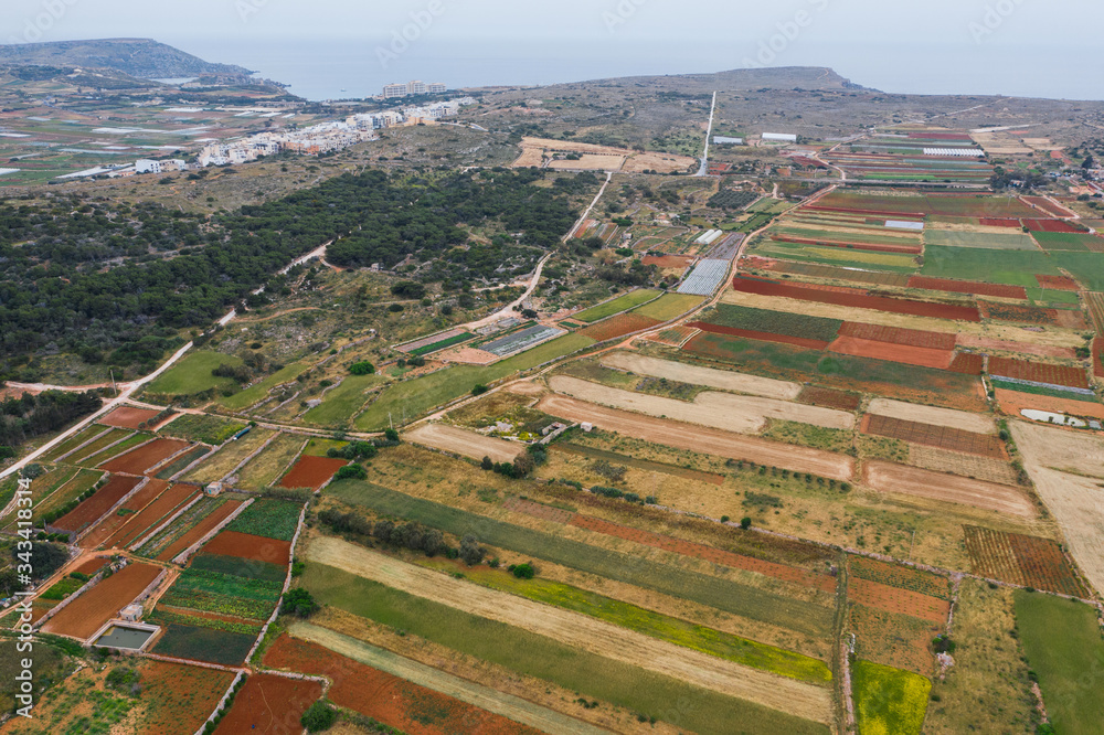 Aerial view of colorful agriculture fields. Nature countryside landscape