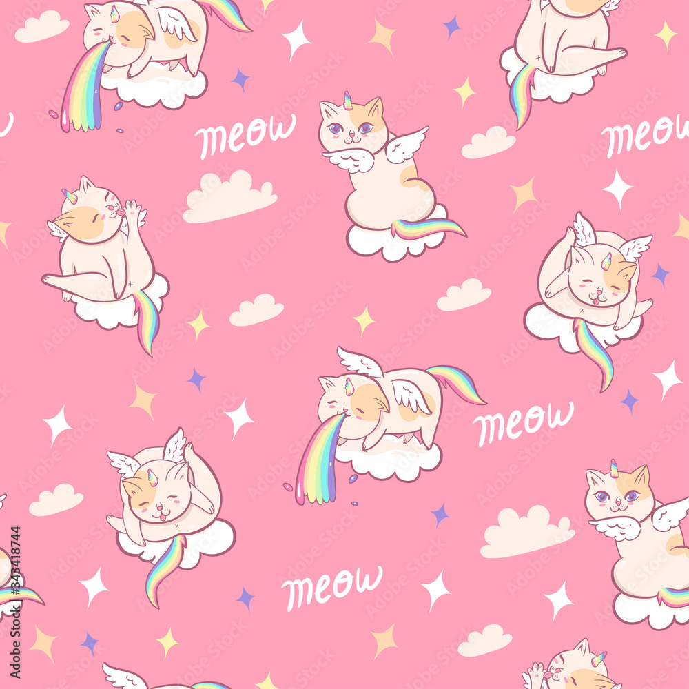 Seamless pattern with unicorn cats. Vector graphics.
