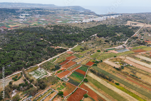 Aerial view of colorful agriculture fields. Nature countryside landscape. Malta island